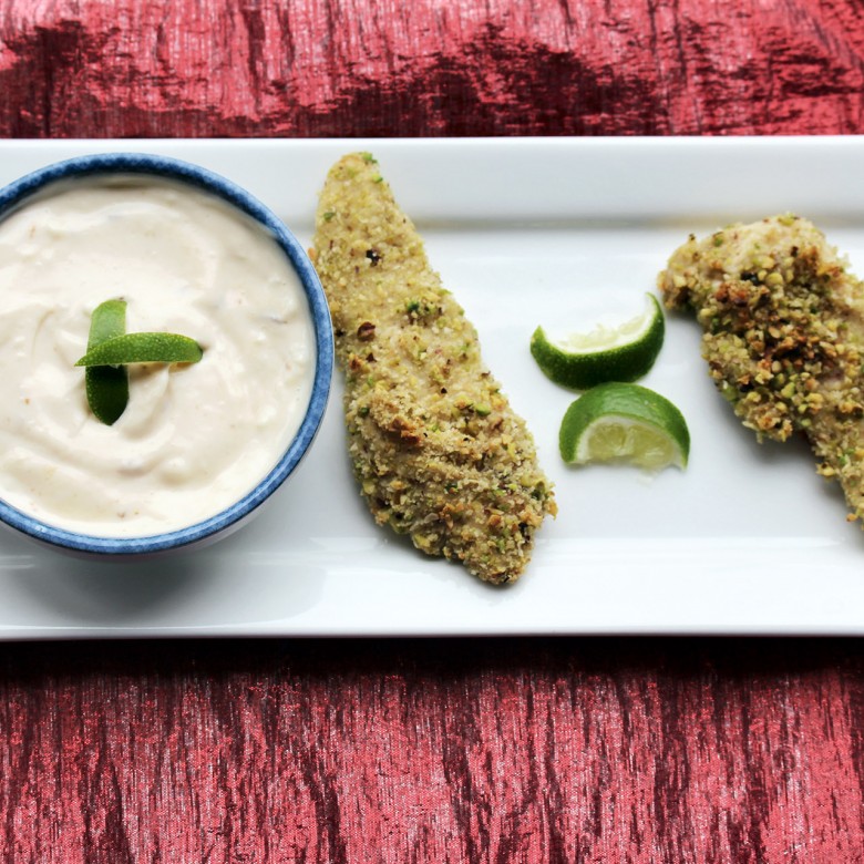 “Simply Irresistible” Pistachio Crusted Chicken Tenders with Chipotle Dipping Sauce