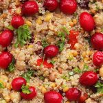 Veg Out Warm Quinoa, Cranberry, Red Pepper Salad with Pomegranate.