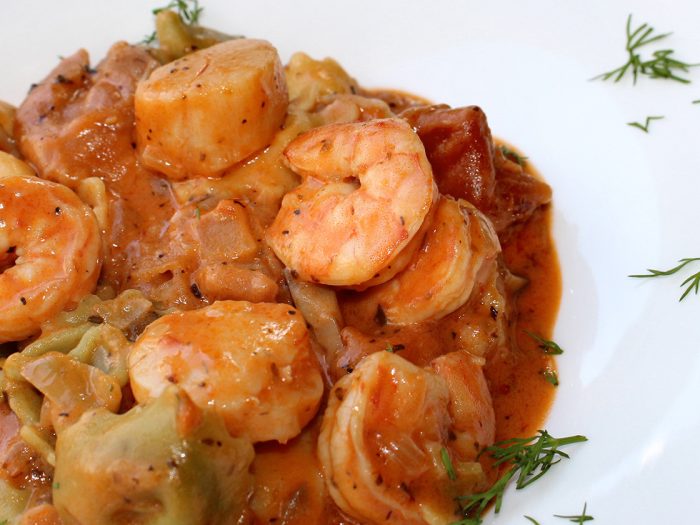 Heart-shaped Pasta with Shrimp and Scallops in a Champagne Rose Sauce