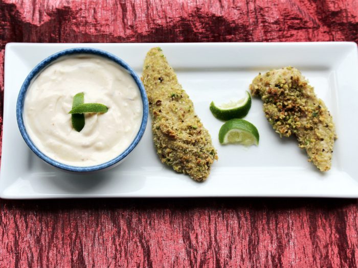 “Simply Irresistible” Pistachio Crusted Chicken Tenders with Chipotle Dipping Sauce