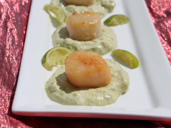 Seared Scallops over Avocado and Wasabi Cream