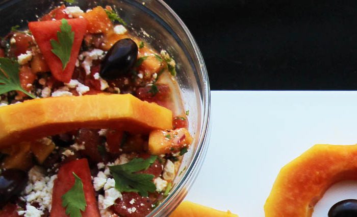 Optimism Rainbow Watermelon, Papaya, Fresh Herb, Black Olive Salad.
